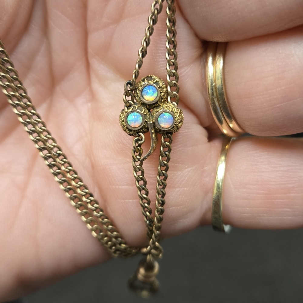 Antique Victorian GF Long Guard Chain with natural Opal clover slide and dogclip
